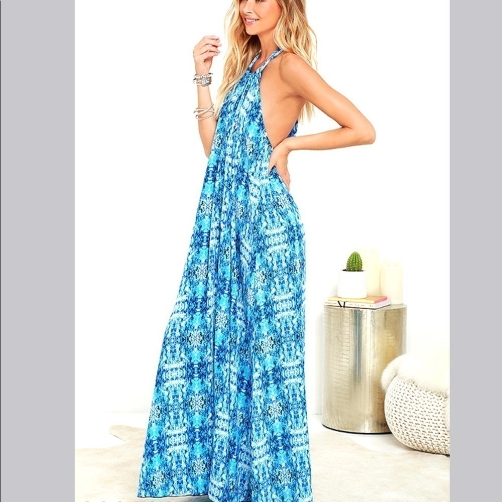 LULU’S Baja Moment Blue open back Halter Maxi Dress Boho beach Tropical size XS - Picture 2 of 10
